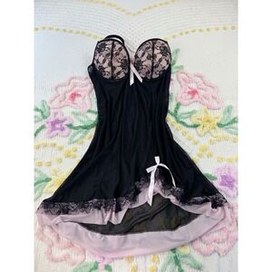 Per Lei Black Pink Lace Mesh Babydoll Chemise Lingerie XL Padded Underwire Bows